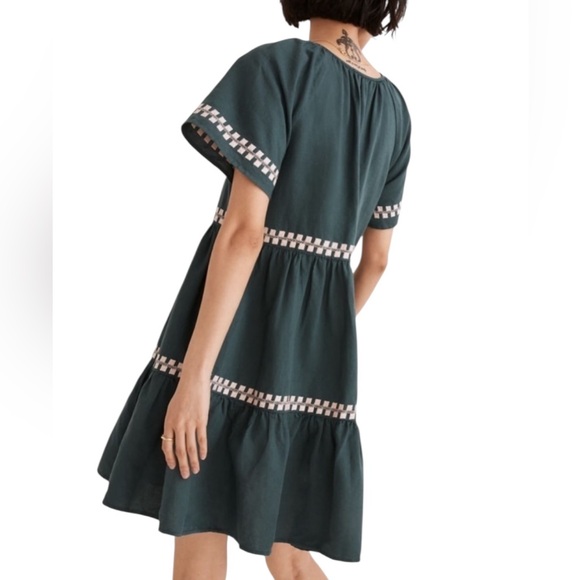 Madewell Green Embroidered Linen-Blend Flutter-Sleeve Mini Dress Size L - Picture 3 of 14